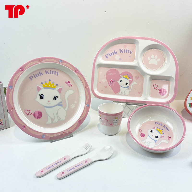 Bộ khay ăn dặm hình con mèo ngộ nghĩnh | Khay 4 ngăn, khay 3 ngăn, đĩa, bát, thìa, dĩa, cốc