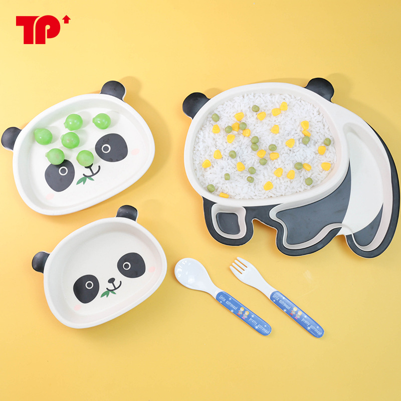 Bộ khay ăn dặm hình gấu trúc (Max 2 ngăn) | Bát cơm, Đĩa phân vùng cho bé, Cốc, Thìa