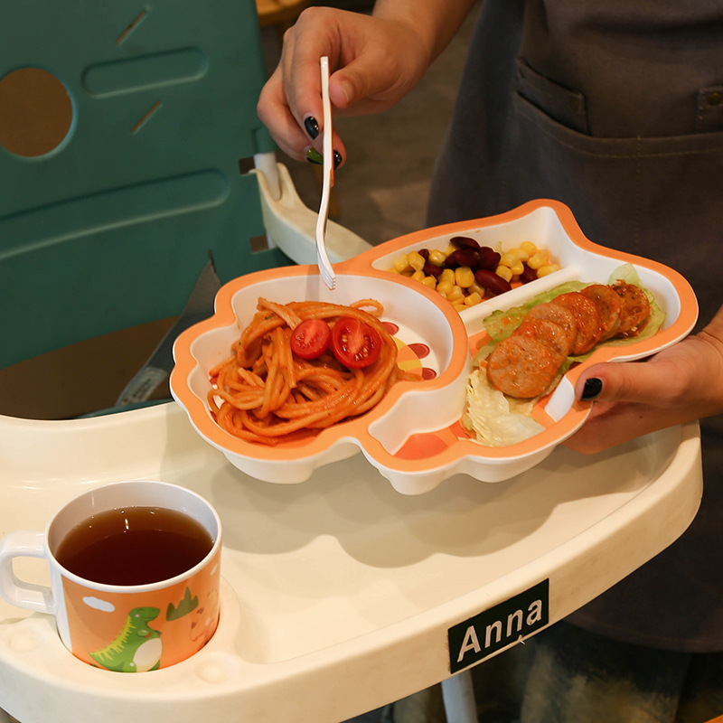 Bộ khay ăn dặm hình khủng long ngộ nghĩnh | Khay 3 ngăn, thìa, dĩa, cốc