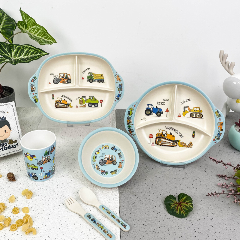 Bộ khay ăn dặm hình các loại xe đáng yêu | Khay 4 ngăn, cốc, bát, thìa dĩa