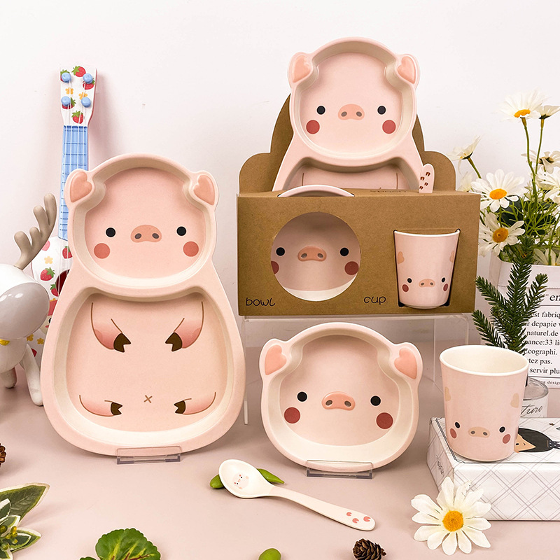 Bộ khay ăn dặm hình heo hồng ngộ nghĩnh | Khay 2 ngăn, bát, thìa, cốc