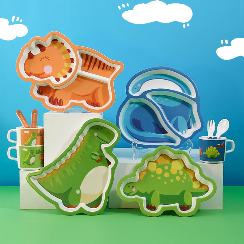 Bộ khay ăn dặm hình khủng long ngộ nghĩnh | Khay 3 ngăn, thìa, dĩa, cốc