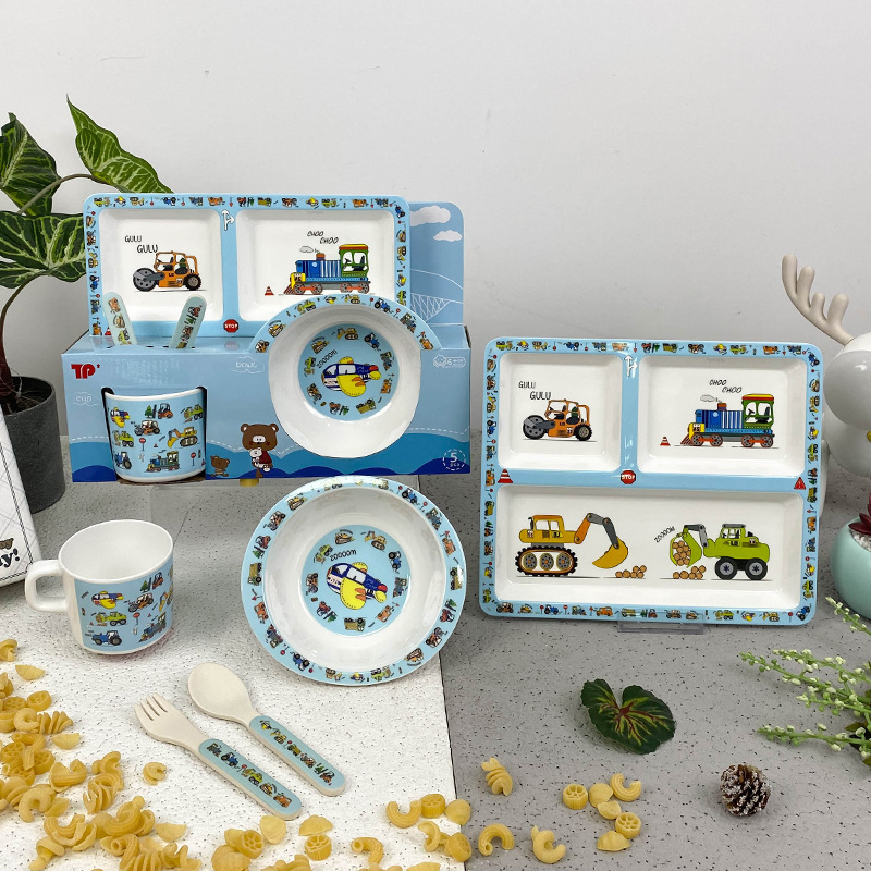 Bộ khay ăn dặm hình các loại xe đáng yêu | Khay 4 ngăn, cốc, bát, thìa dĩa